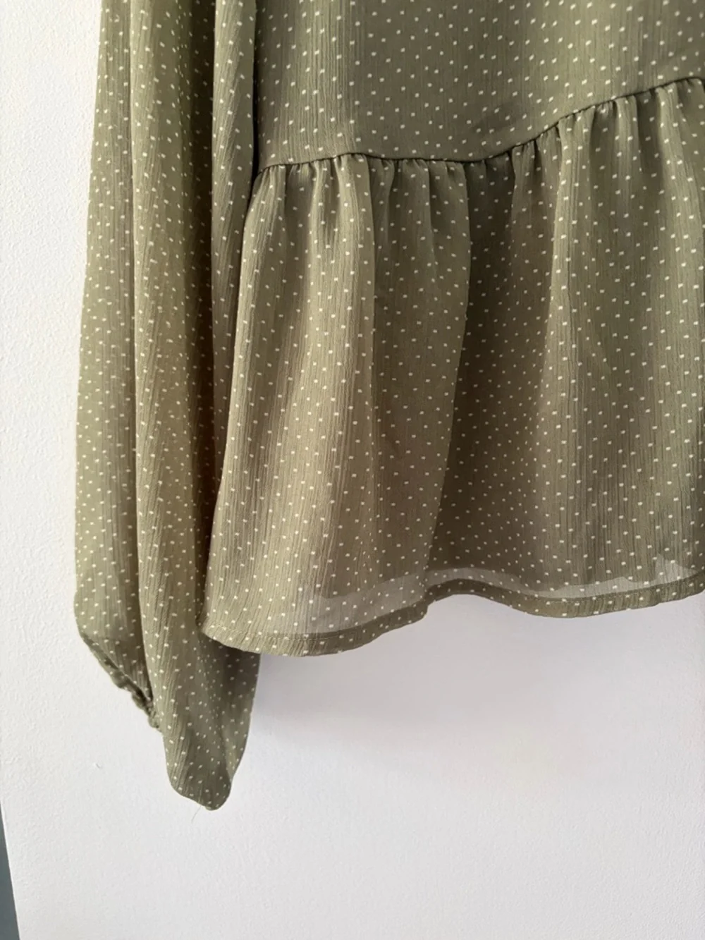 Ann Taylor LOFT Olive Green Ruffled Peplum Long Sleeve Polka Dot Blouse Dot